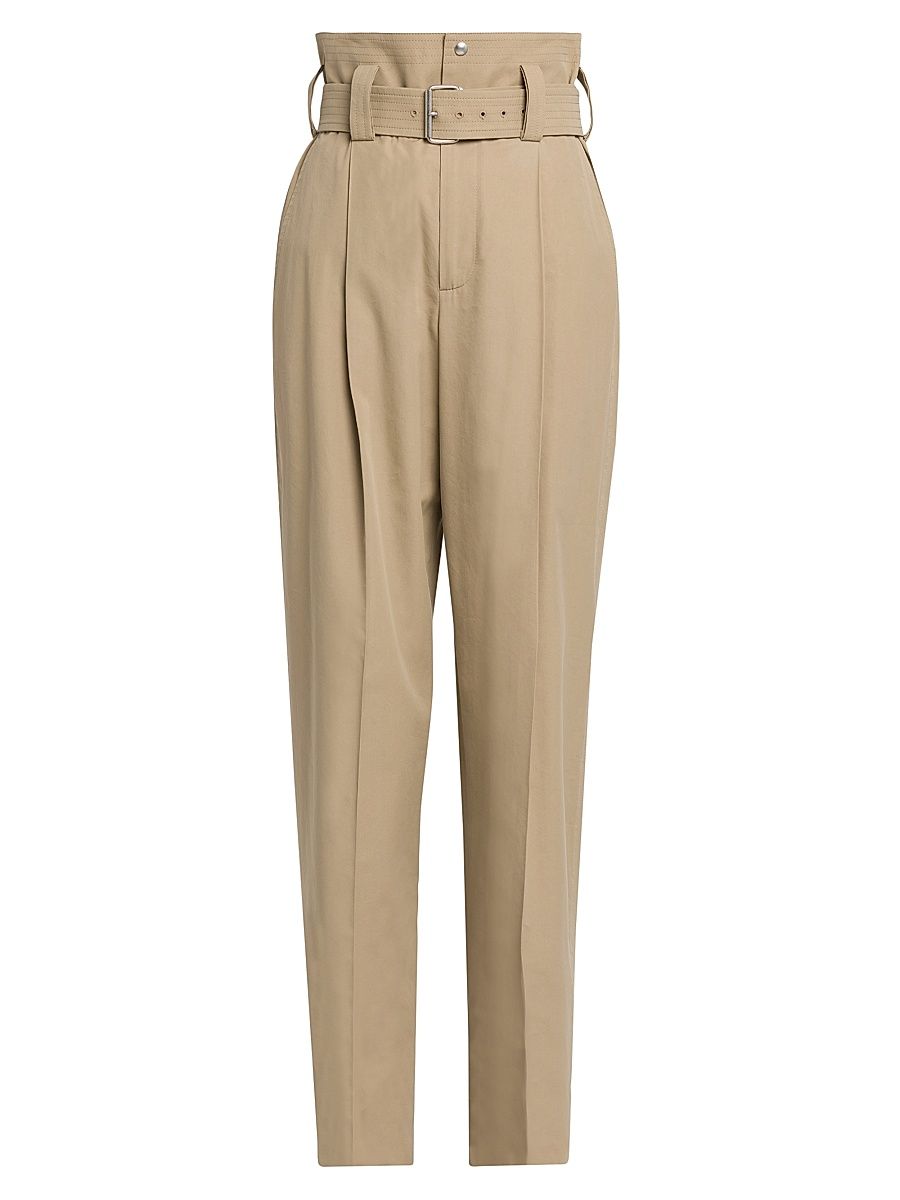 Women's Belted Compact Cotton Trousers - Sand - Size 8