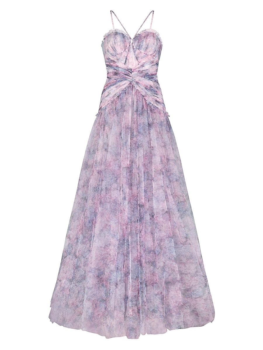 Women's Pleated Halter Strap Tulle Gown - Pink Multi Floral - Size 10