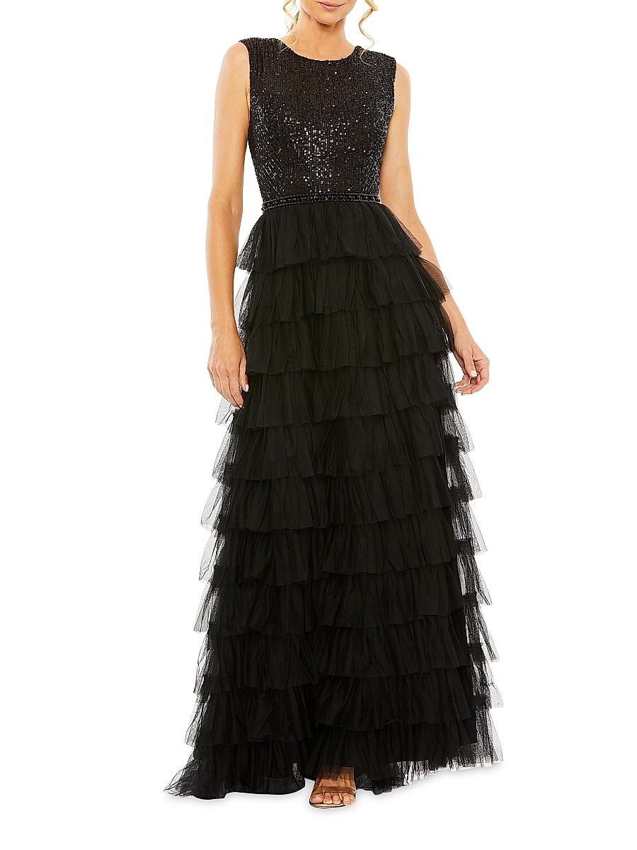 Women's Sequin Tulle Ruffled Gown - Black - Size 16