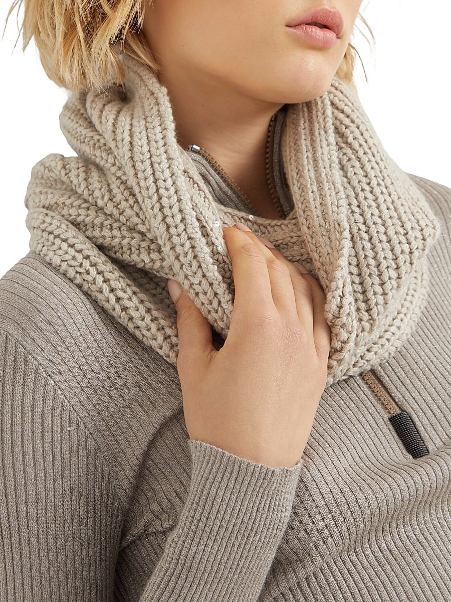 Women's Cashmere and Silk Dazzling Rib Knit Neck Warmer - Beige - Size Medium