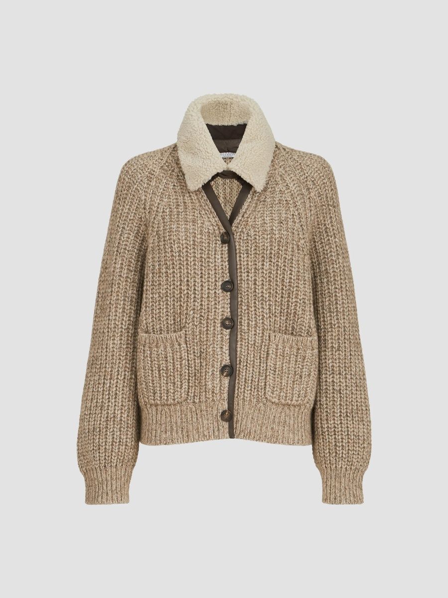 Brunello Cucinelli Women's Sparkling Cashmere, Mohair and Wool Ribbed Cardigan with Detachable Shearling Insert - Light Brown - Size XXS