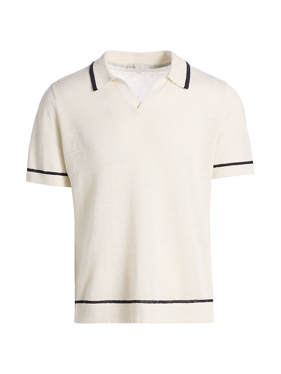 Men's Linen Johnny Collar Polo Sweater - Egret Midnight - Size XXL