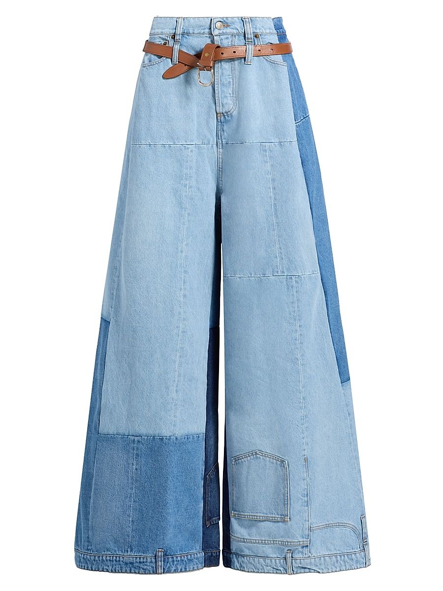 Women's Patchwork Belted Wide-Leg Jeans - Mid Blue - Size Small