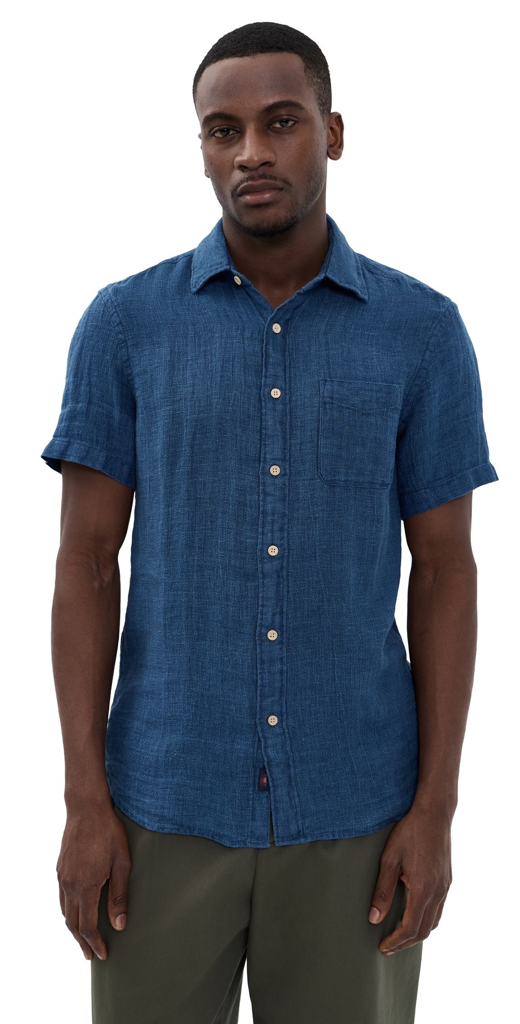 Faherty Short Sleeve Palma Linen Shirt Indigo Basketweave S