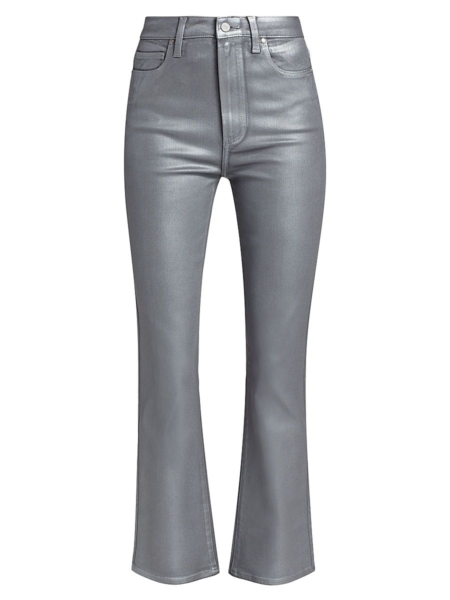 Women's Claudine Metallic High-Rise Stretch Cropped Flare Jeans - Silver Shimmer Luxe Coating - Size 27