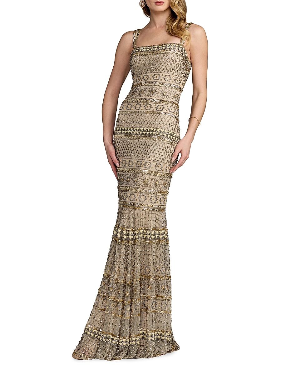 Women's Geometric Beaded Mesh Trumpet Gown - Beige Gold - Size 14