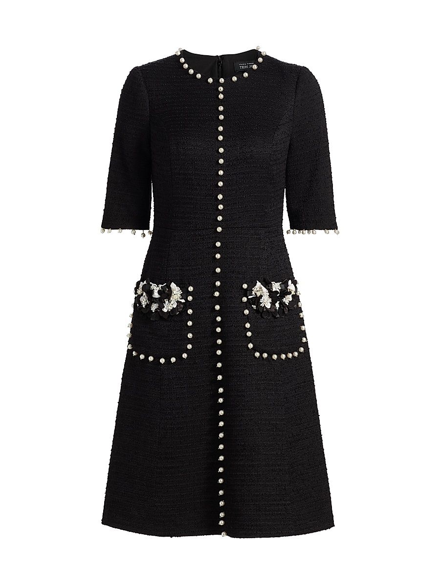 Women's Imitation Pearl-Trimmed Bouclé Cocktail Dress - Black White - Size 14