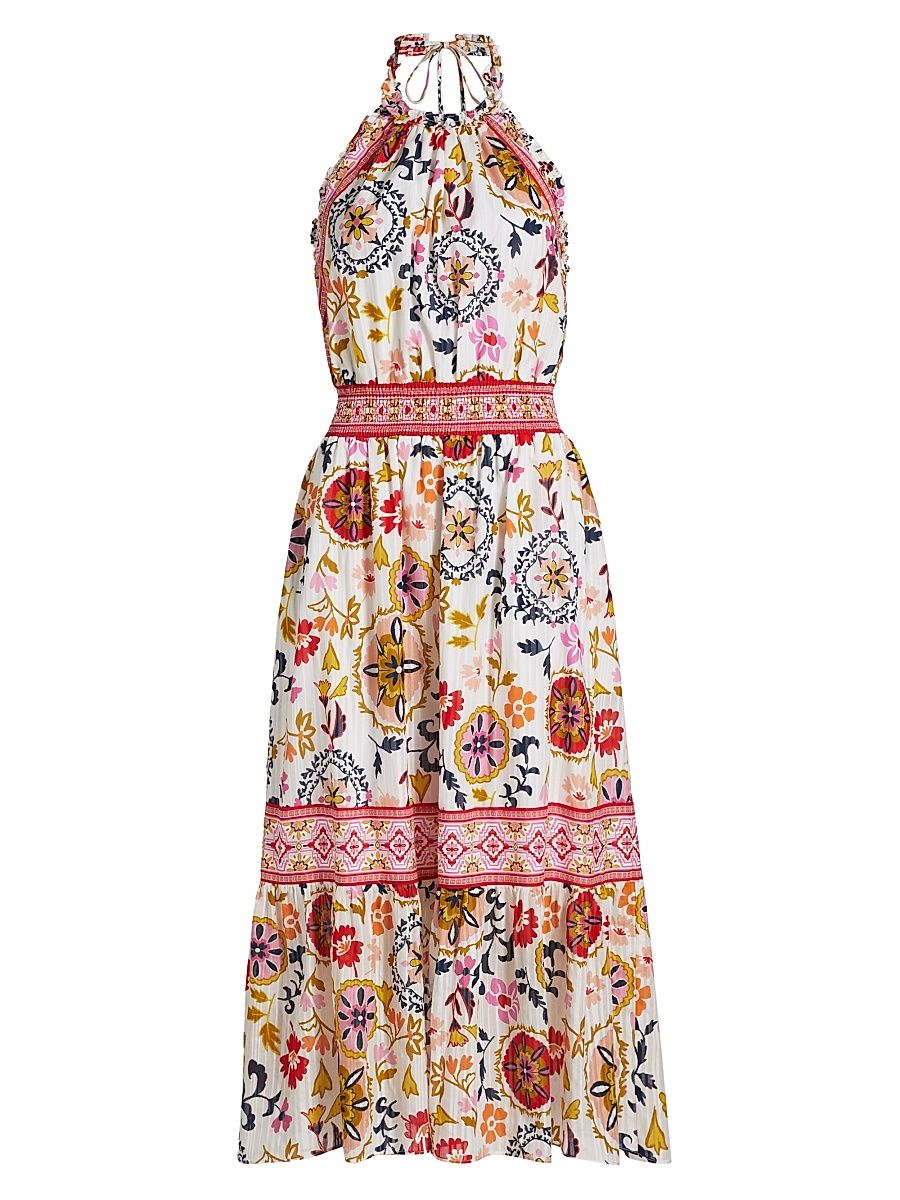 Women's Delia Floral Cotton-Blend Halterneck Midi-Dress - White Maya Combo - Size XS