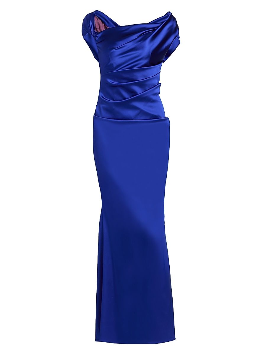 Women's Draped Satin Asymmetric Sheath Gown - Royal - Size 6