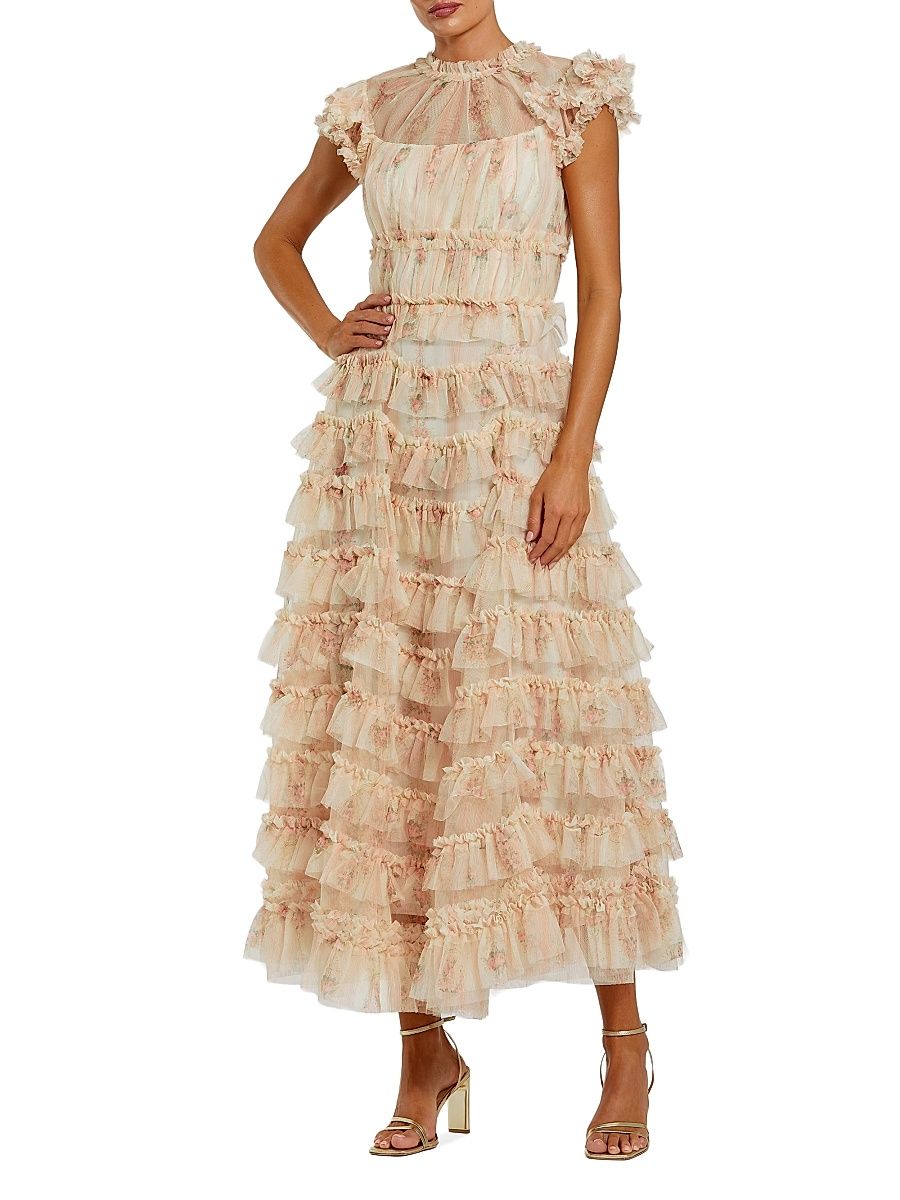 Women's Floral Mesh Ruffled Cocktail Dress - Ivory Multi - Size 18