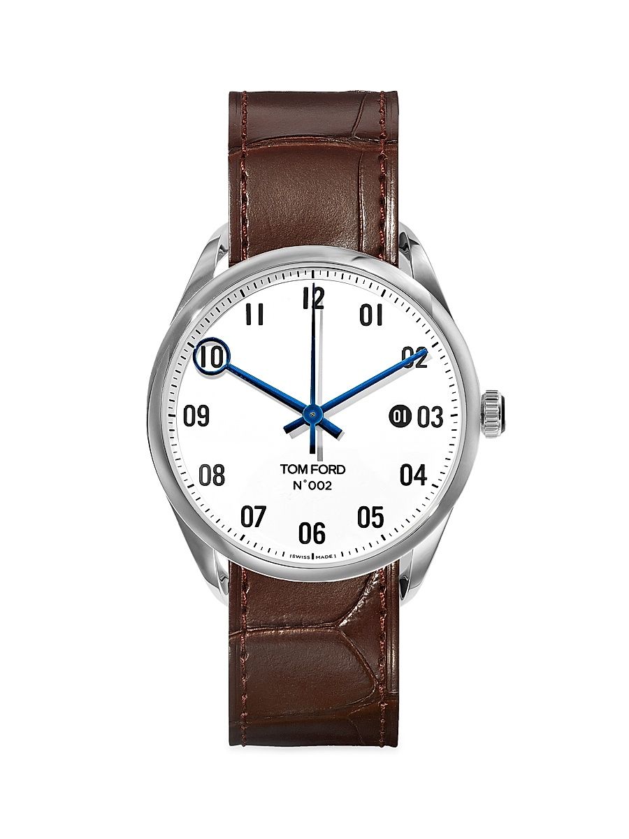 Men's 002 Stainless Steel & Leather Strap Automatic Watch - White Brown