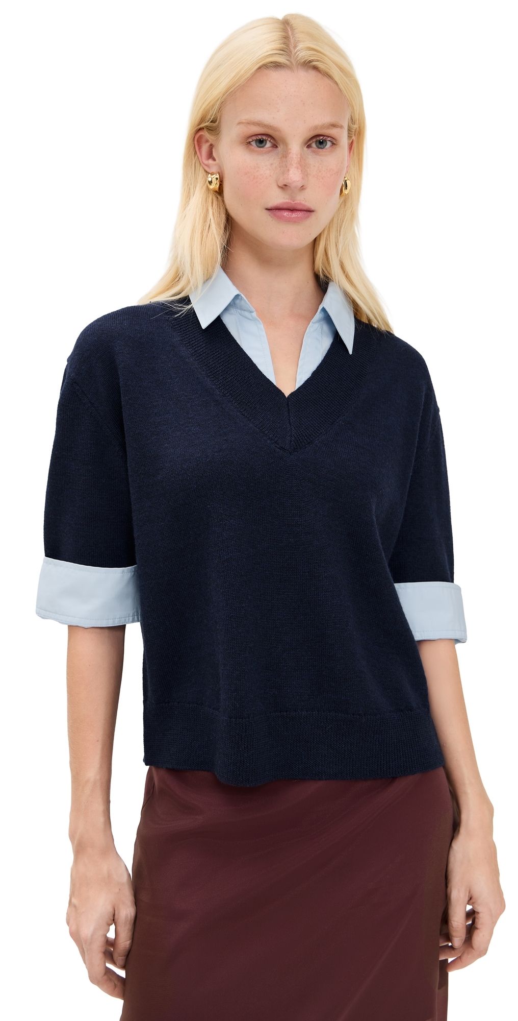 Tanya Taylor Esme Sweater Combo Top Maritime Blue Melange/Oxford L