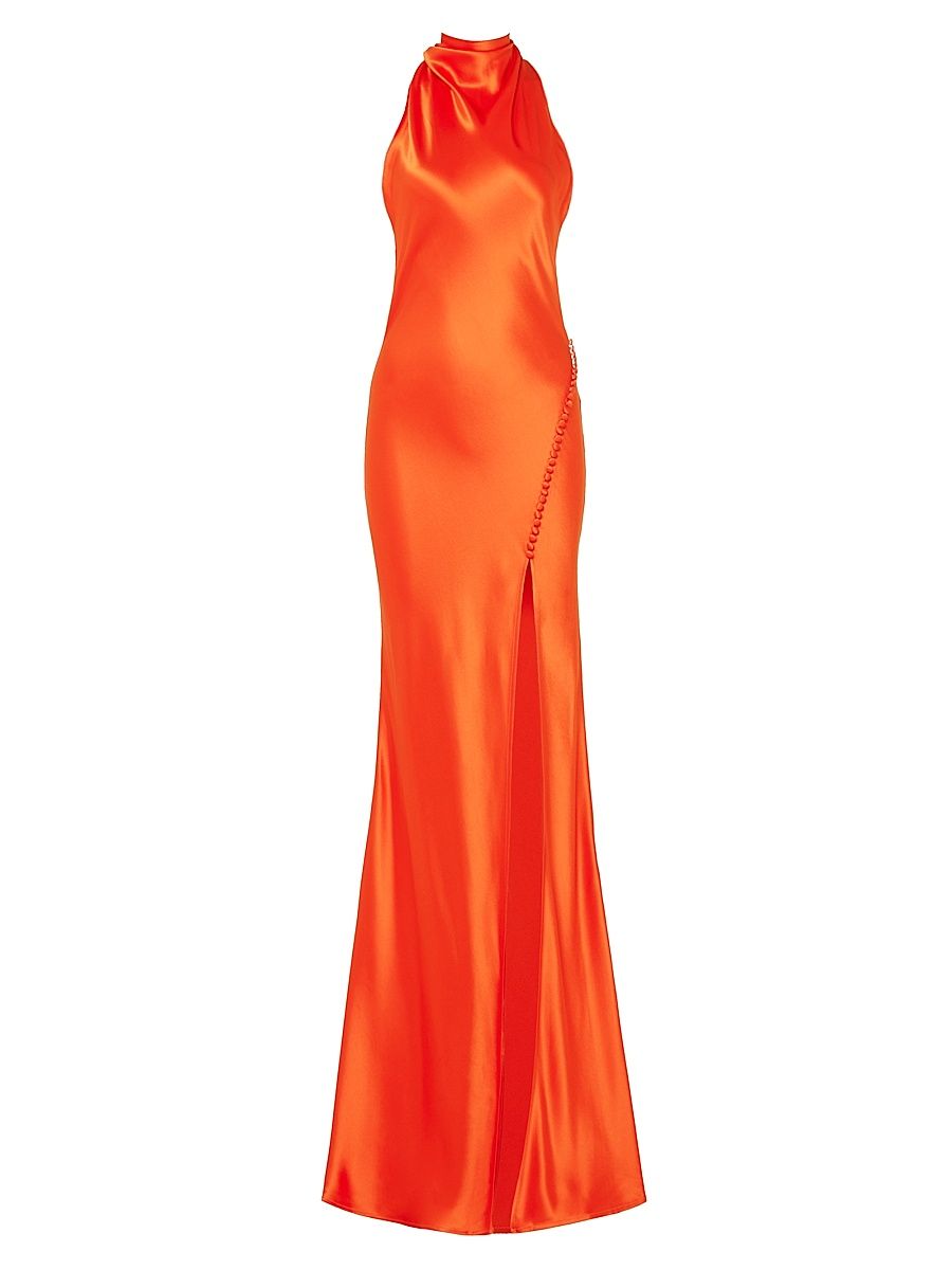Women's Penelope Satin Halterneck Gown - Scarlet Orange - Size 12