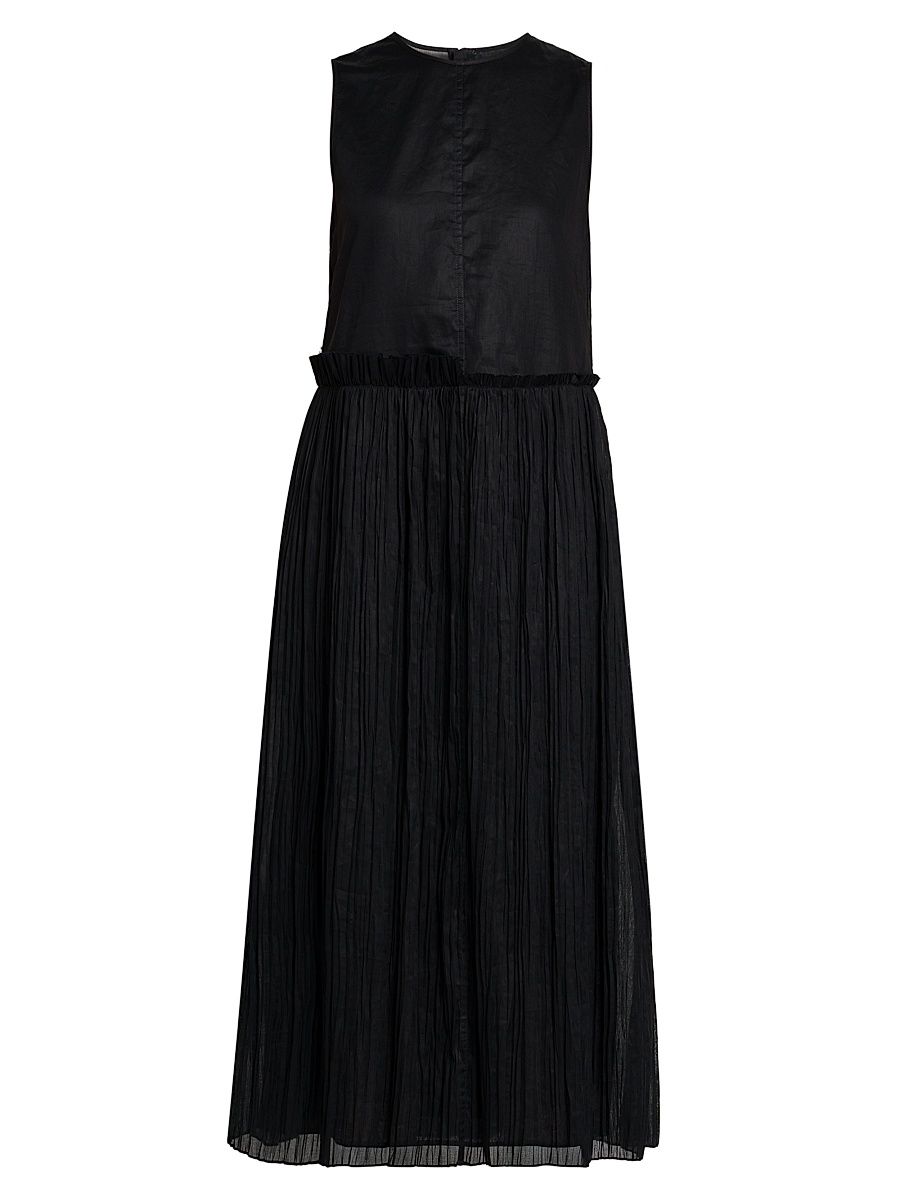 Women's Pleated Cotton Sleeveless Midi-Dress - Black - Size 2