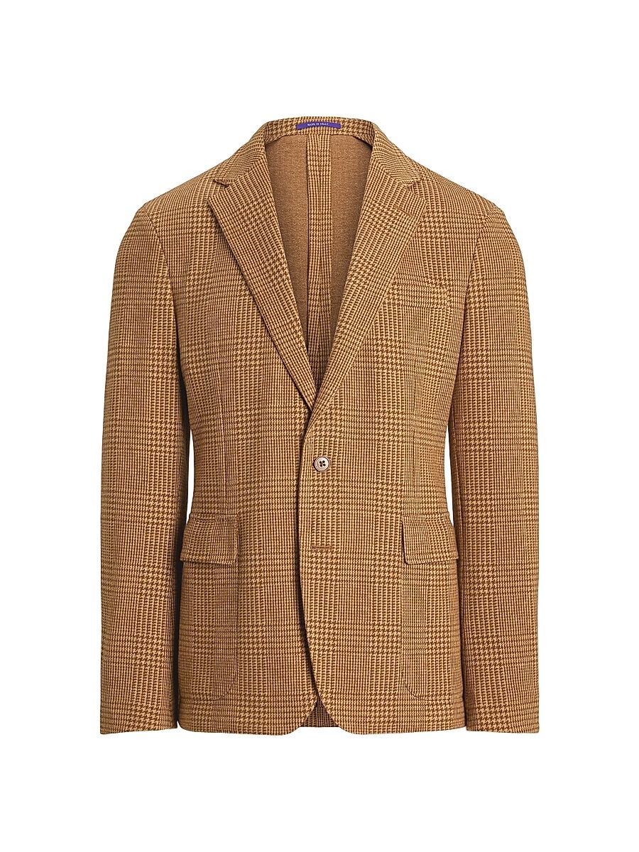 Men's Hadley Hand-Tailored Plaid Jersey Jacket - Camel Light Brown Glenplaid - Size 38