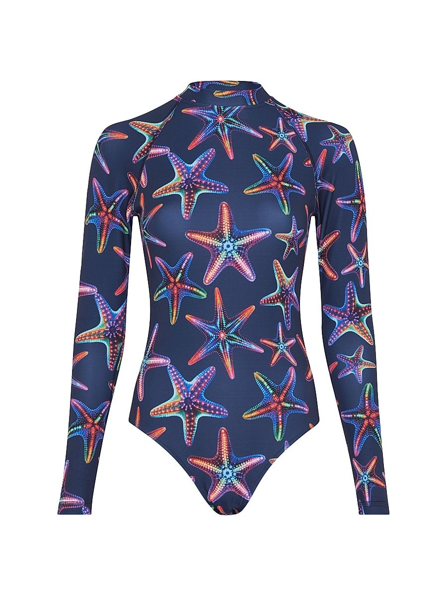 Women's Disco Stars Mock Turtleneck One-Piece Rashguard - Blue Marine Navy - Size Large