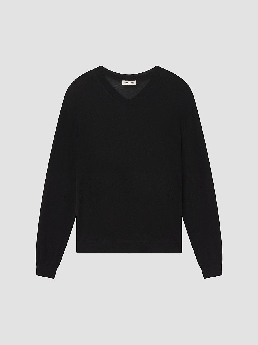 Men's Fine Gauge Wool-Cashmere V-Neck Sweater - Black - Size XL