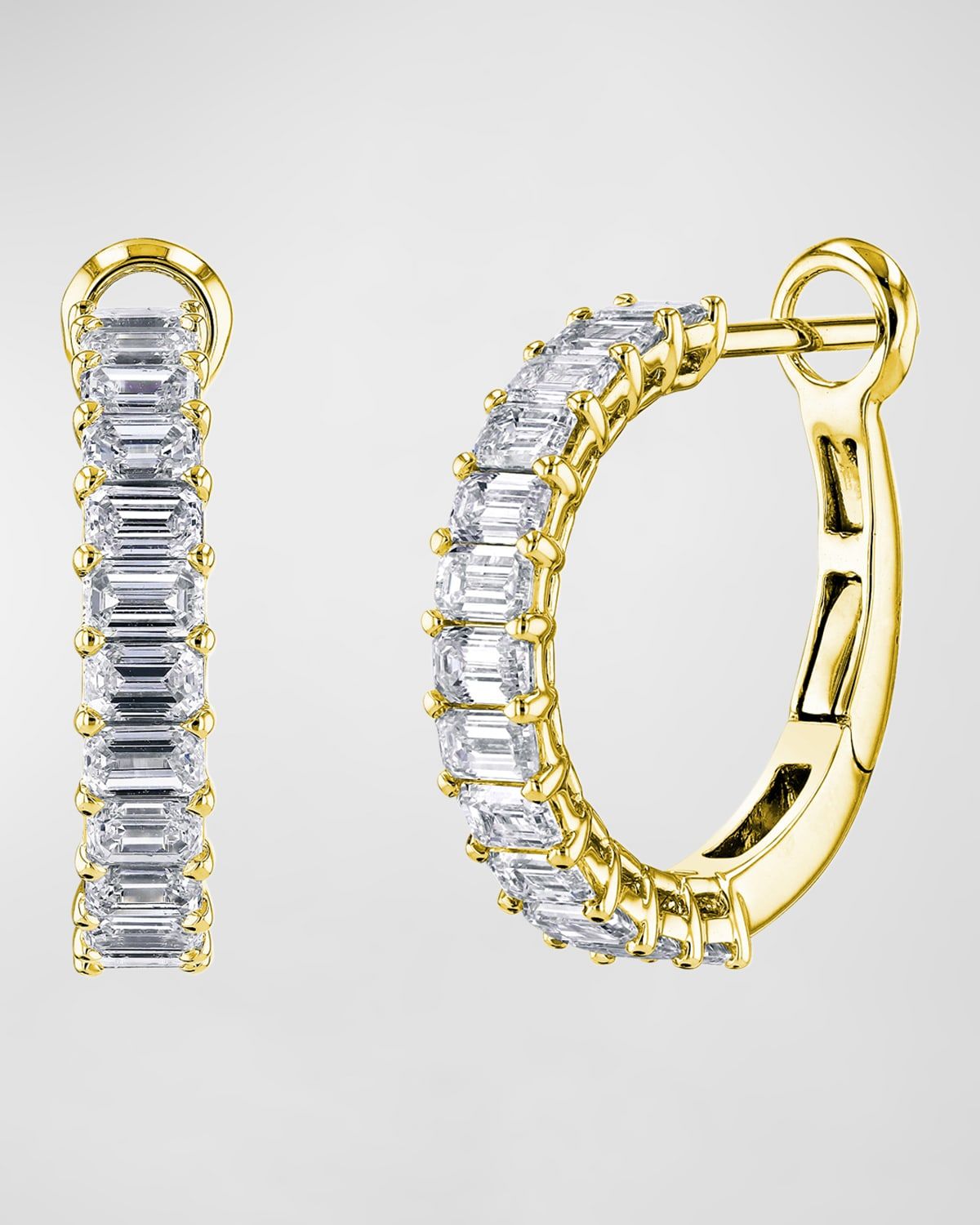 18K Gold Emerald-Cut Diamond Halfway Huggie Hoop Earrings, 3.6tcw/0.75"L