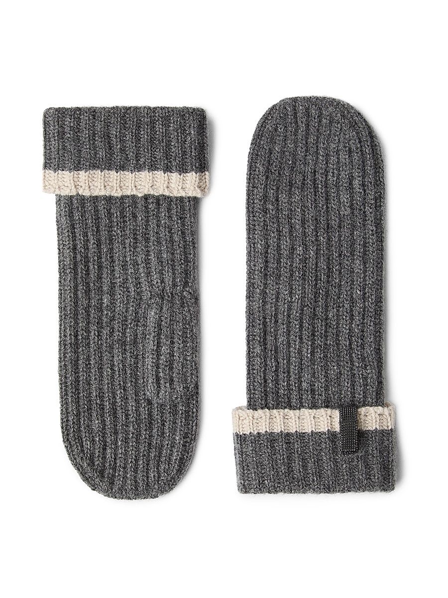 Women's Cashmere English Rib Knit Mittens with Monili - Light Grey - Size Small
