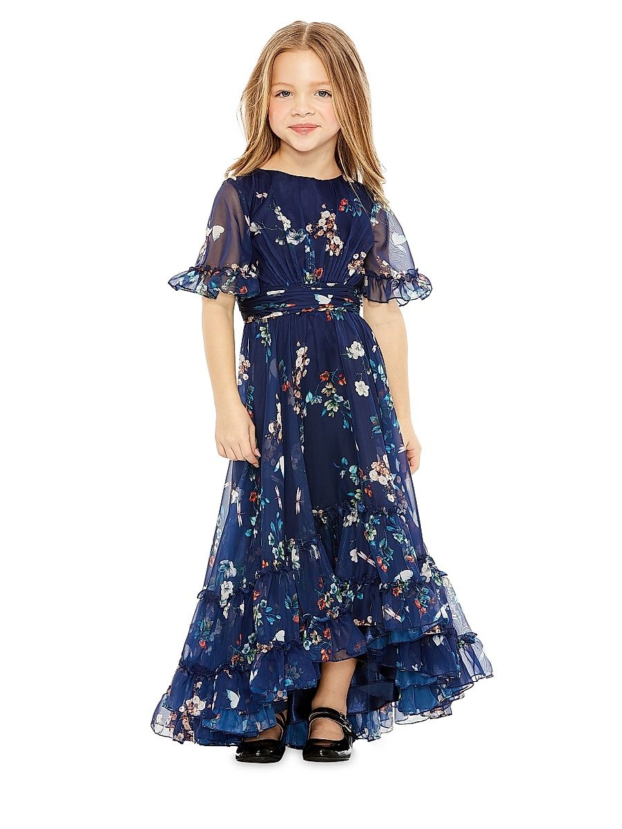 Little Girl's & Girl's Floral Ruffle Hi-Low Gown - Navy Multi - Size 12