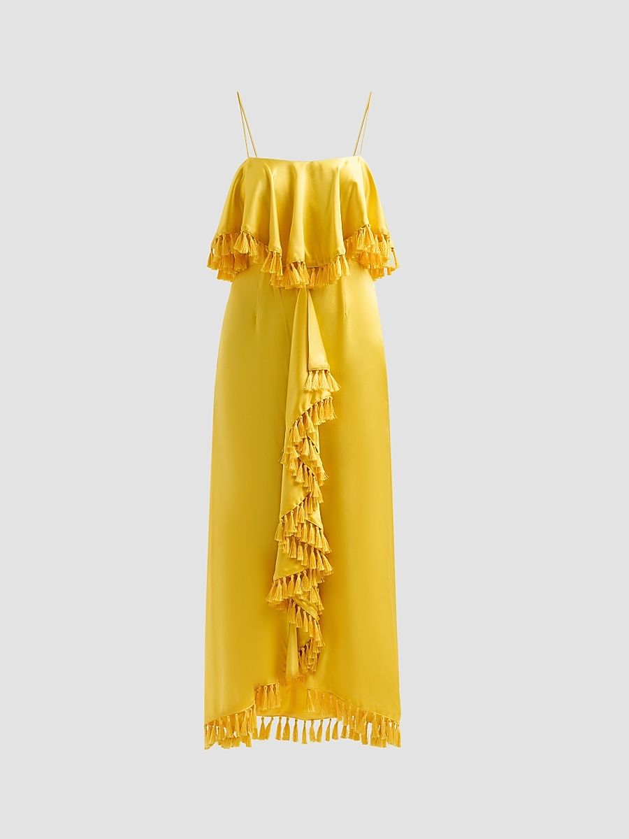 Women's Luma Silk Fringe-Trim A-Line Midi Dress - Lightseed - Size 14