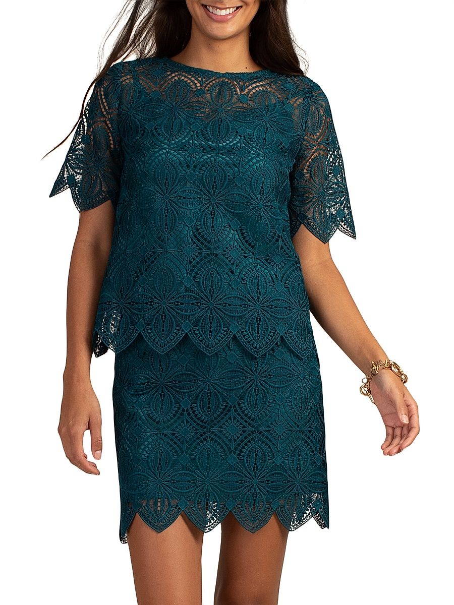 Women's Khalida Short-Sleeve Lace Top - Pool Teal - Size Small