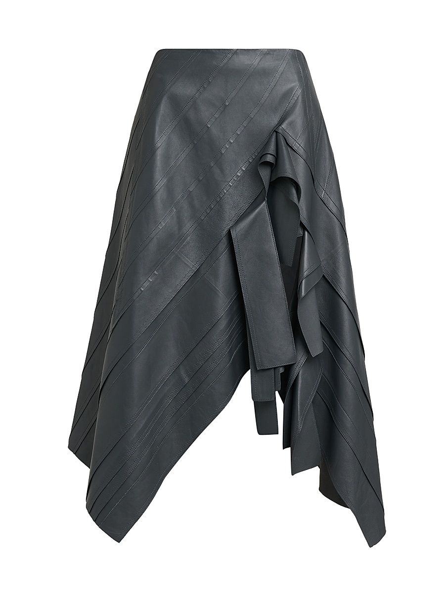 Women's Asymmetric Ruffled Leather Midi-Skirt - Iron - Size 8
