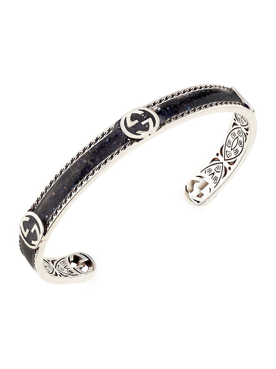 Men's Interlocking G Sterling Silver Enamel Cuff - Black - Size 7.5