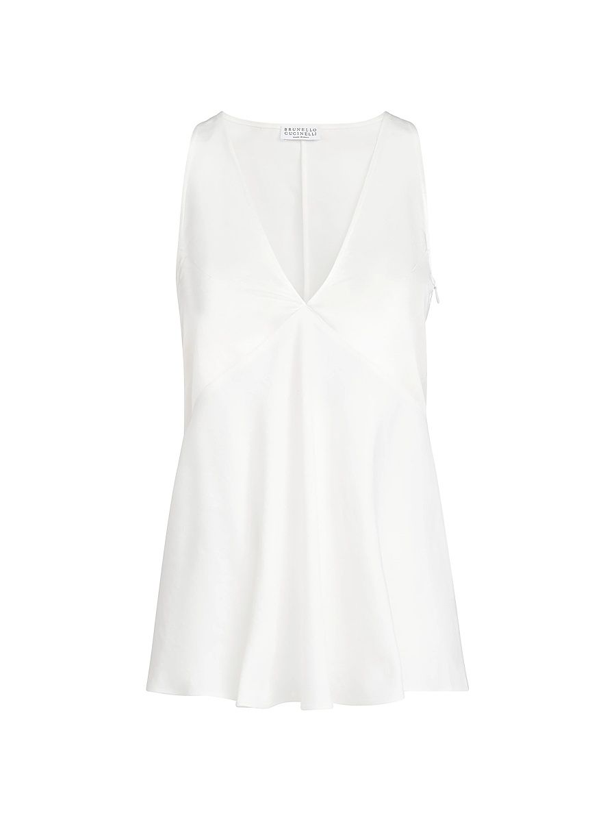 Women's Cotton and Silk Satin Top with Fluid Twill Panel - White - Size Large