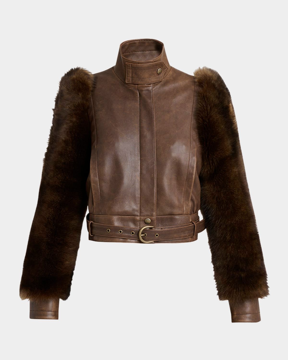 Faux Fur Sleeves Leather Bomber Jacket