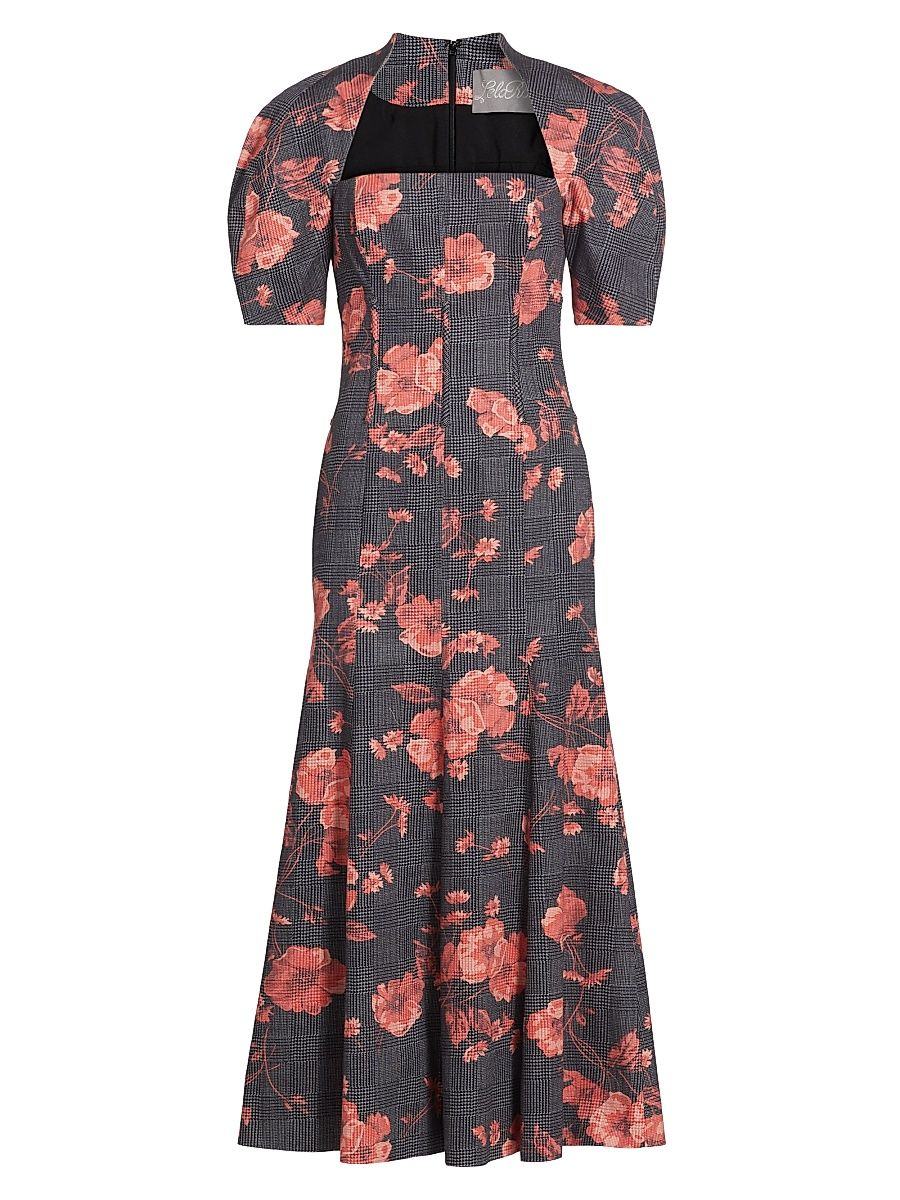 Women's Floral Glen Check Bubble-Sleeve Dress - Poppy Multi - Size 14