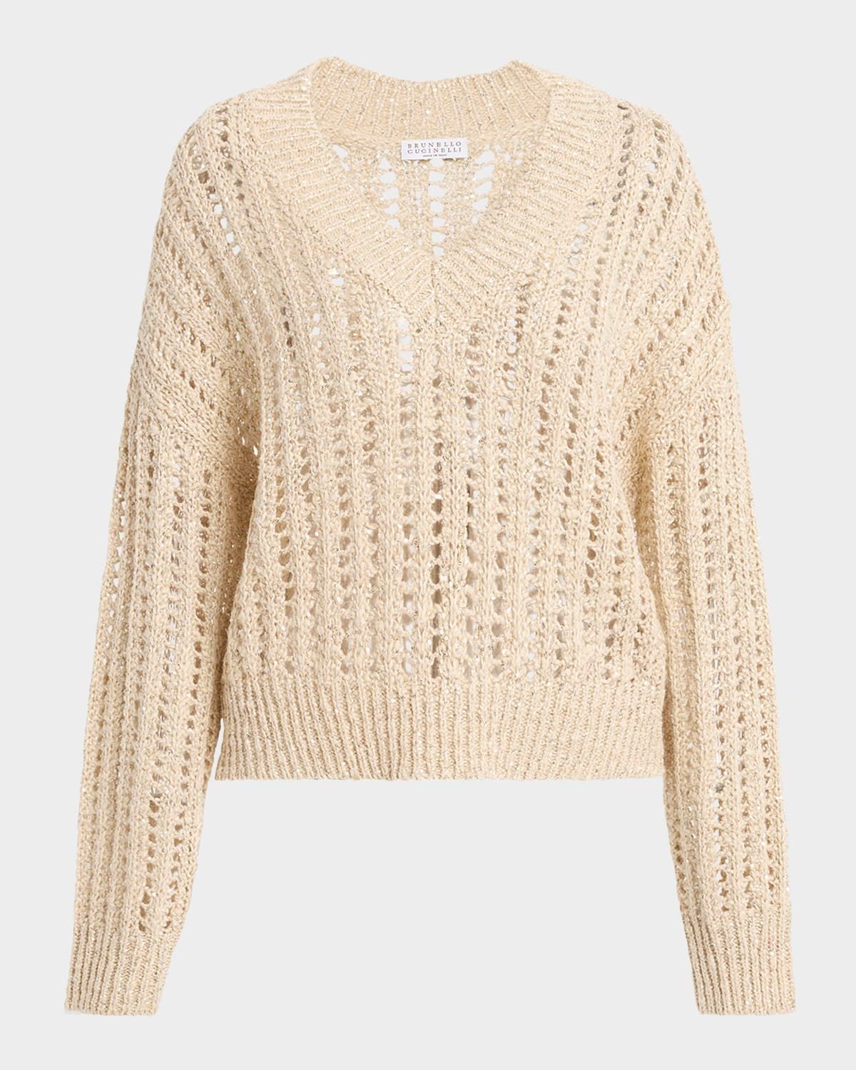 V-Neck Paillette Open-Weave Knit Sweater