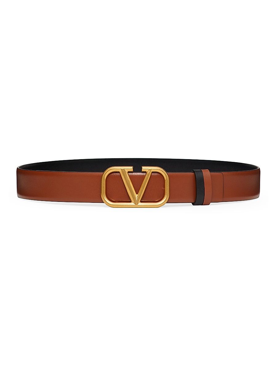 Women's Reversible VLogo Signature Belt in Glossy Calfskin 30MM - Saddle Brown Black - Size XS