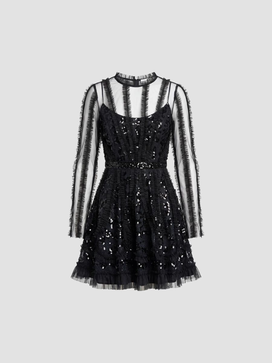 Mac Duggal Women's Mesh Lace Ruffled Mini Dress - Black Beige - Size 14