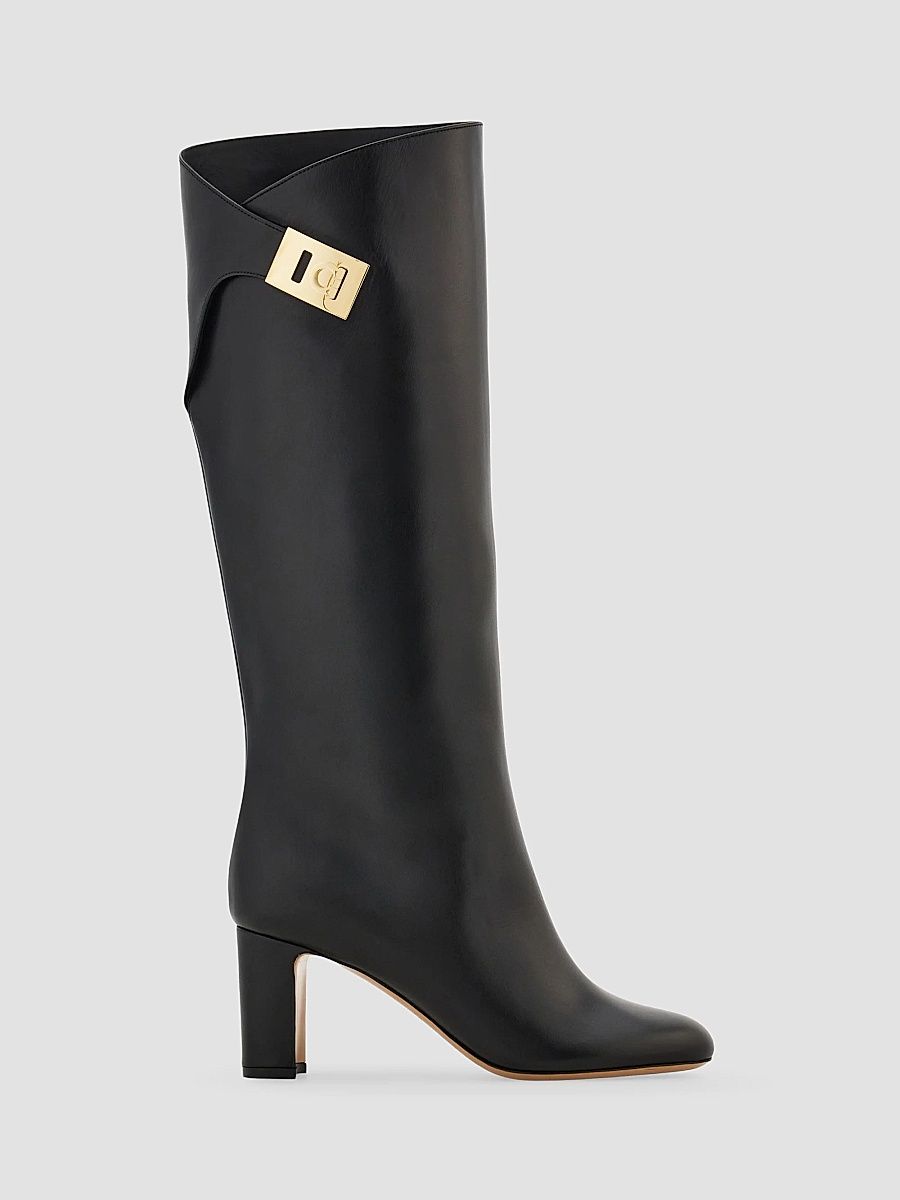 Women's Elli 70MM Hug Buckle-Detail Leather Boots - Nero - Size 9.5