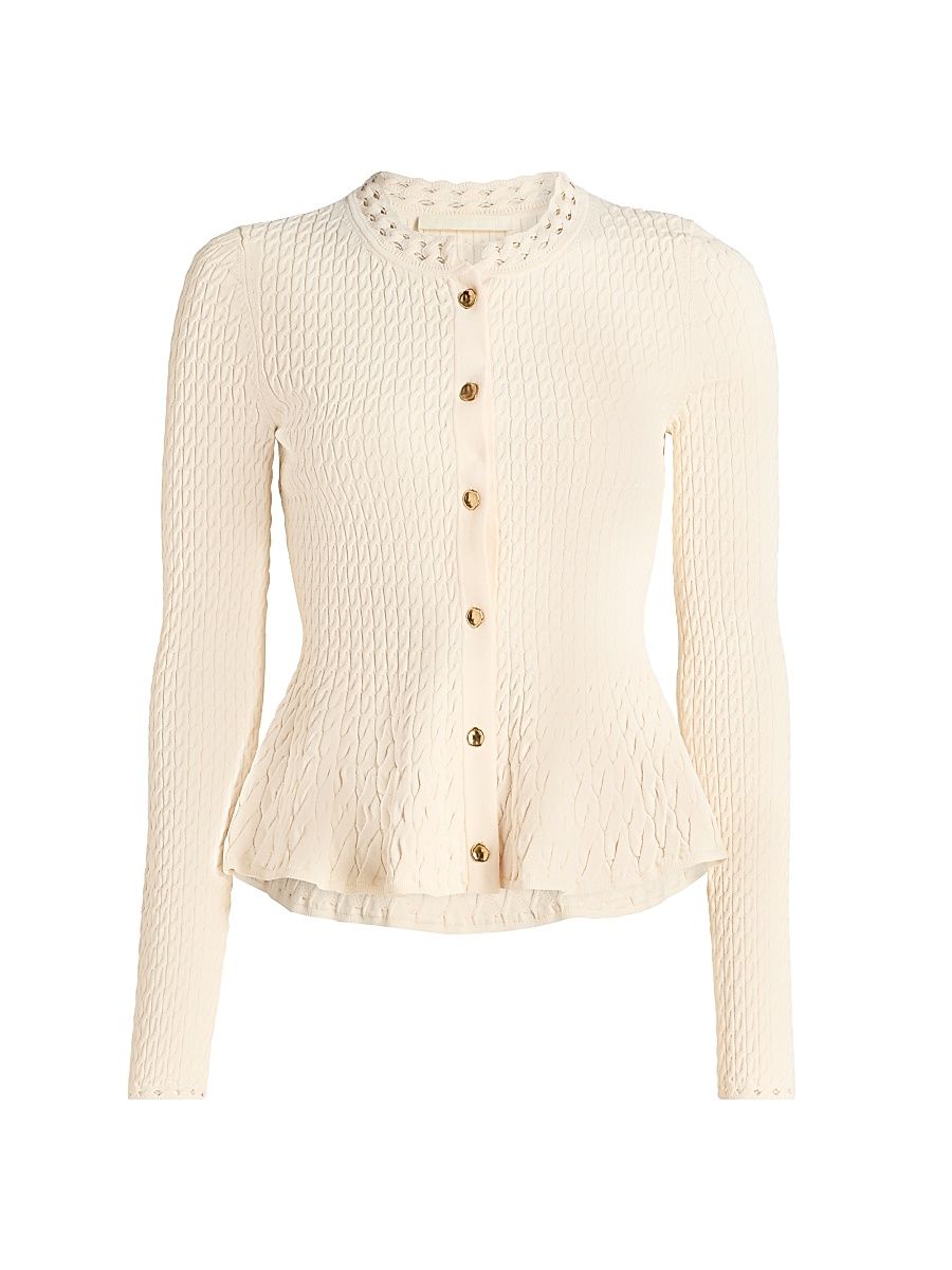 Women's Cable-Knit Peplum Cardigan - Plaster - Size XL