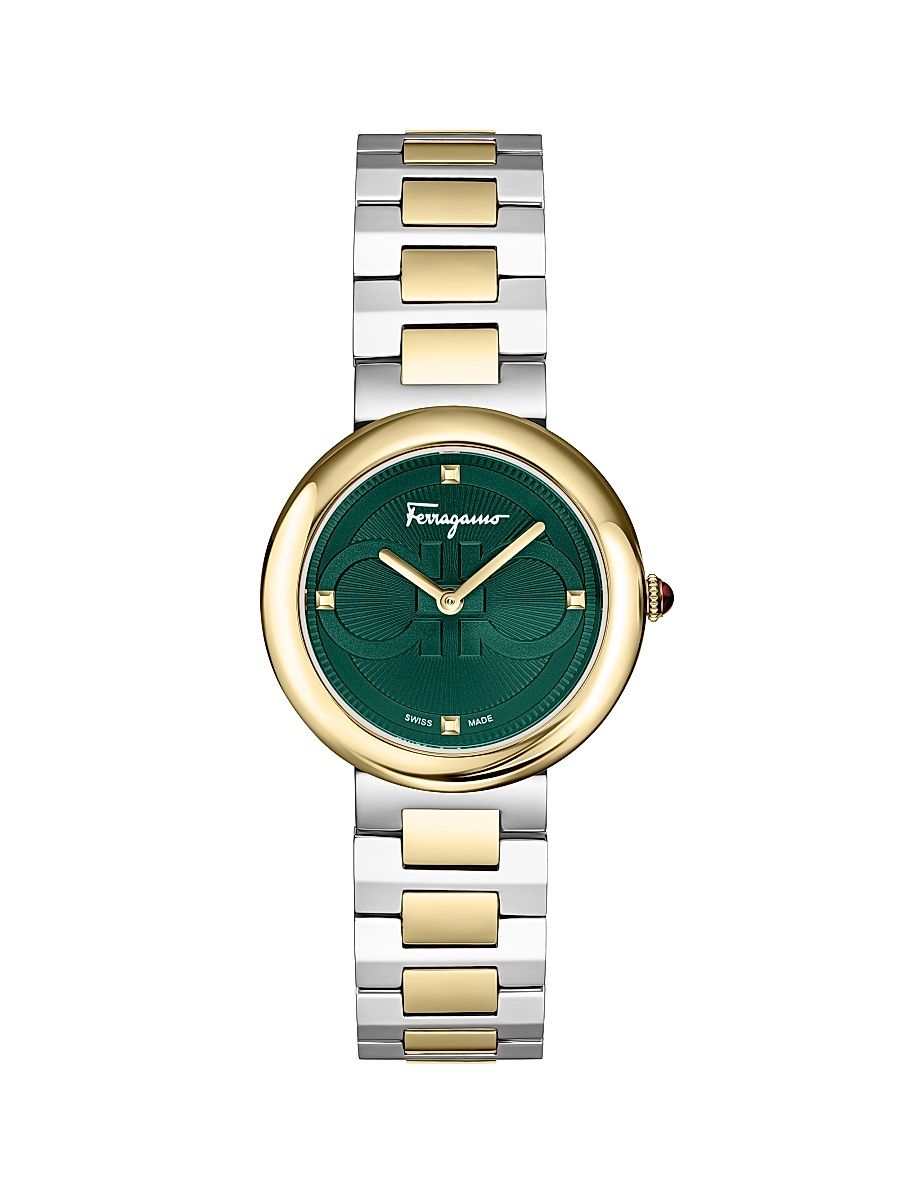 Men's Ferragamo Chic Yellow Gold Bracelet Watch - Two Tone Green