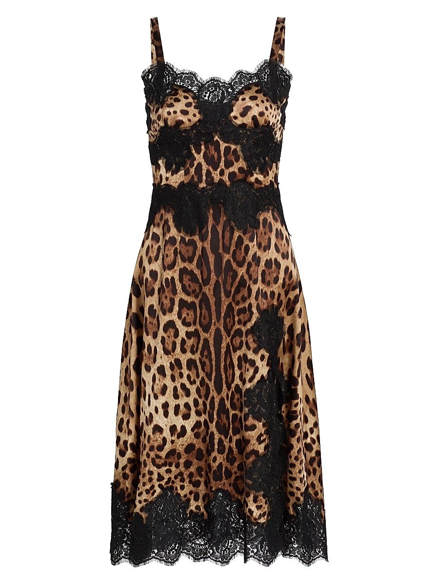 Women's Lace & Leopard-Print Satin Slipdress - Light Brown - Size 14