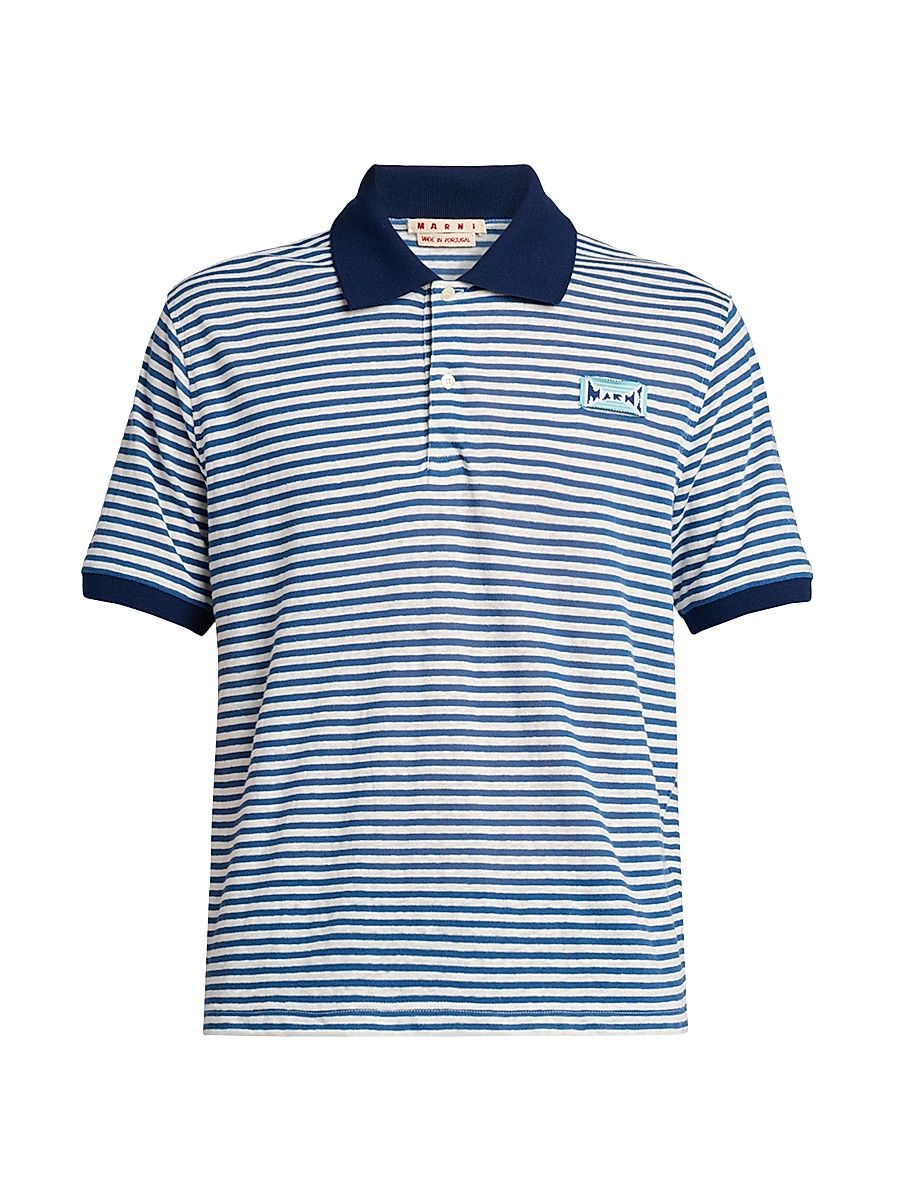 Men's Striped Linen-Blend Polo Shirt - Royal - Size 44