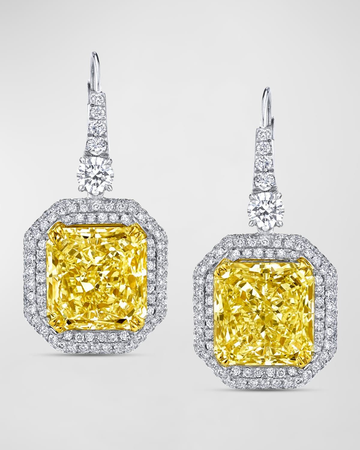 18K Yellow and White Gold Two-Tone Radiant Diamond Drop Earrings, 16.91tcw, 1.45"L x 0.59"W
