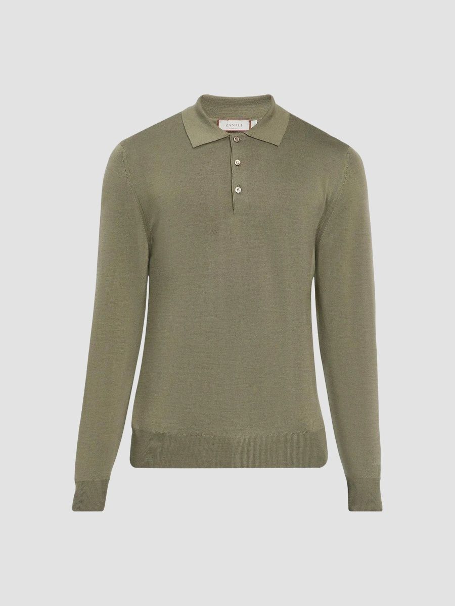 Canali Men's Merino Wool Long-Sleeve Polo Shirt - Olive - Size 40