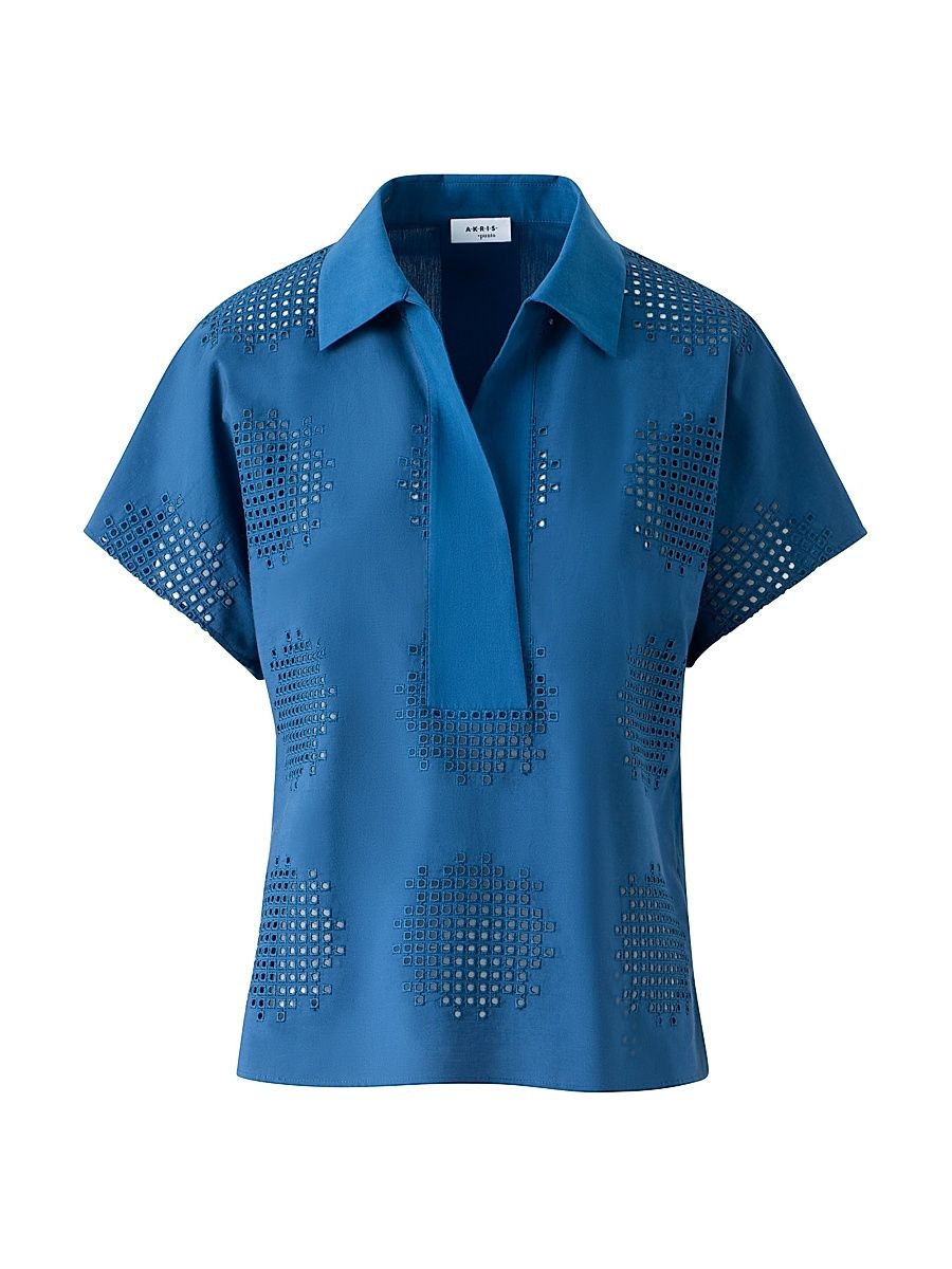 Women's Embroidered Eyelet Poplin Polo Shirt - Dark Blue - Size 18