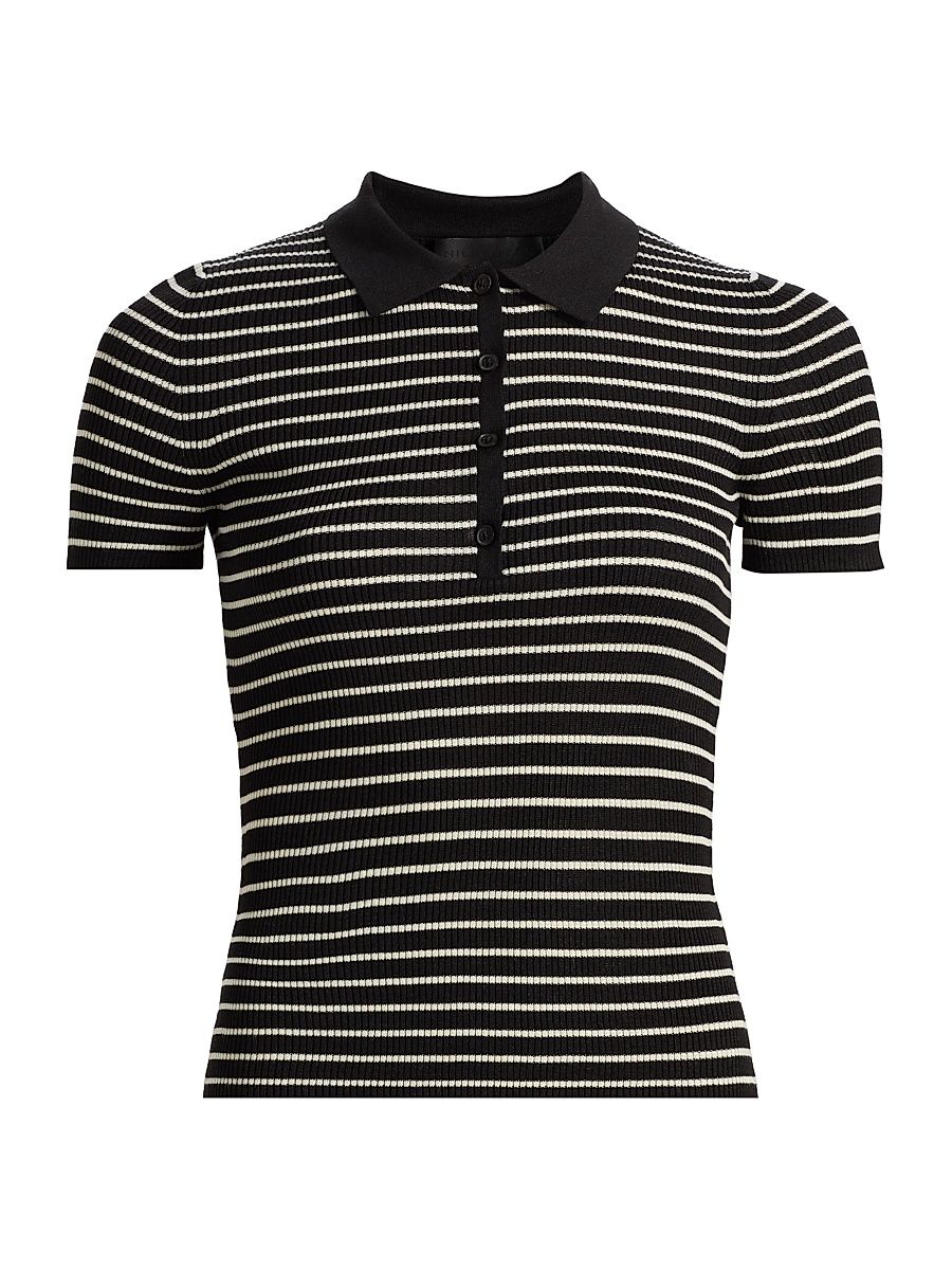 Women's Fenna Striped Silk Polo Shirt - Black Thin Ivory Stripe - Size XL