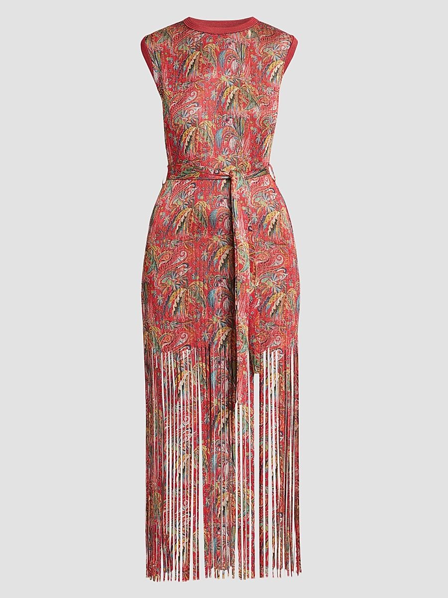 Women's Paisley Fringe Midi Dress - Printed Red - Size 14