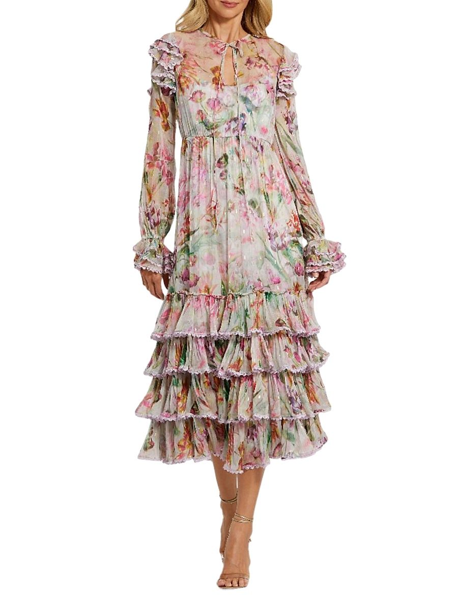 Women's Floral Chiffon Tieneck Tiered Midi-Dress - Lilac Multi - Size 18