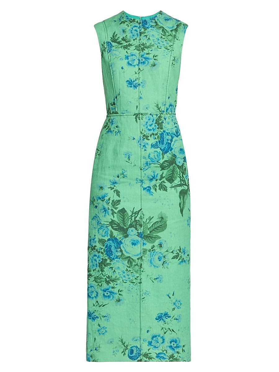 Women's Floral Linen Midi-Dress - Rose Bouquet Sea Green - Size 12
