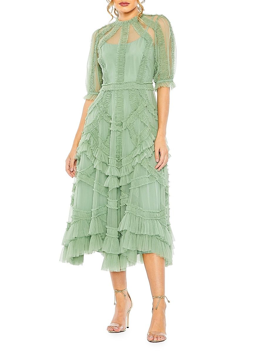 Women's High-Neck Gathered Tulle Midi-Dress - Midnight - Size 24