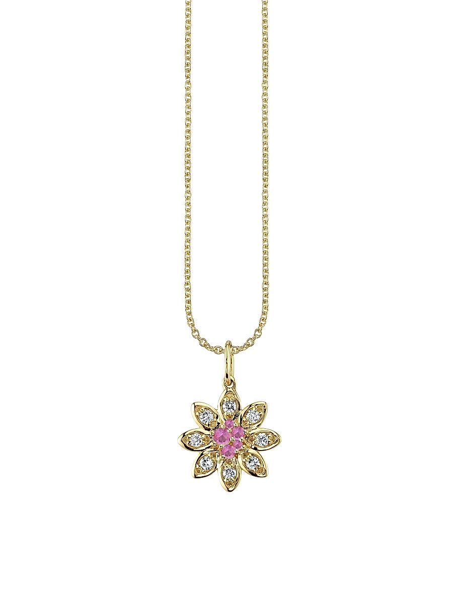 Women's 14K Yellow Gold, 0.13 TCW Diamond & Pink Sapphire Flower Pendant Necklace - Yellow Gold