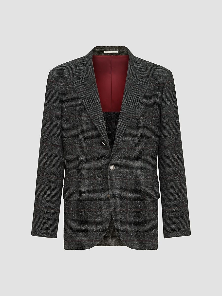 Men's Silk, Wool and Cashmere Prince of Wales Flannel Deconstructed Blazer - Anthracite - Size 34