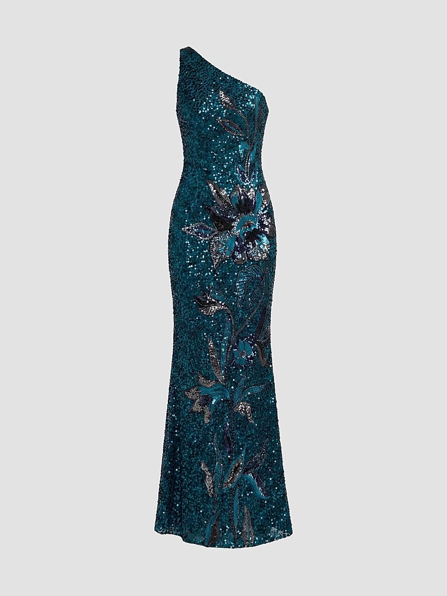 Mac Duggal Women's Floral Mesh One-Shoulder Gown - Teal - Size 14